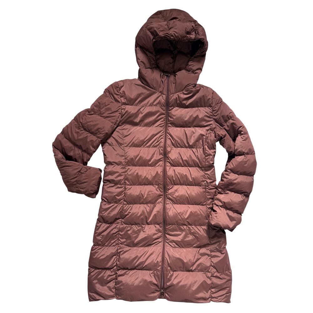 UNIQLO Sz Small Long Knee Length Down Puffer Coat Hooded Purple Parka Jacket